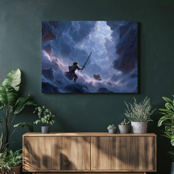 Epic Fantasy Knights Canvas Wall Art Heroic Warrior With Sword And Armor Bearer On Rocky Pass Under Clouds Dramatic Sky Landscape Print