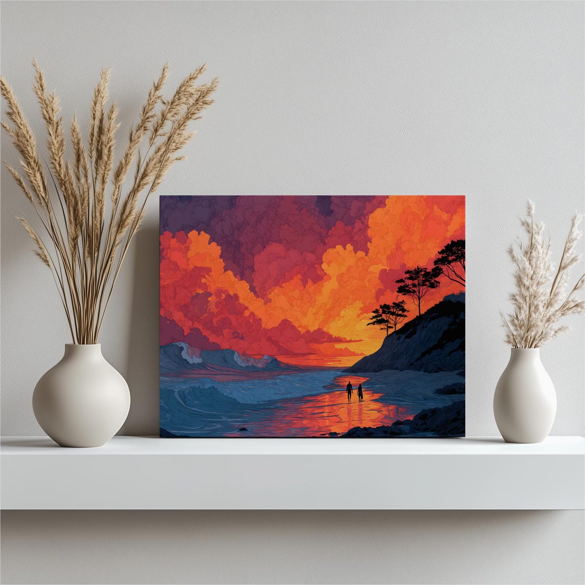 Fiery Beach Sunset Dramatic Orange Clouds Ocean Waves Art Print