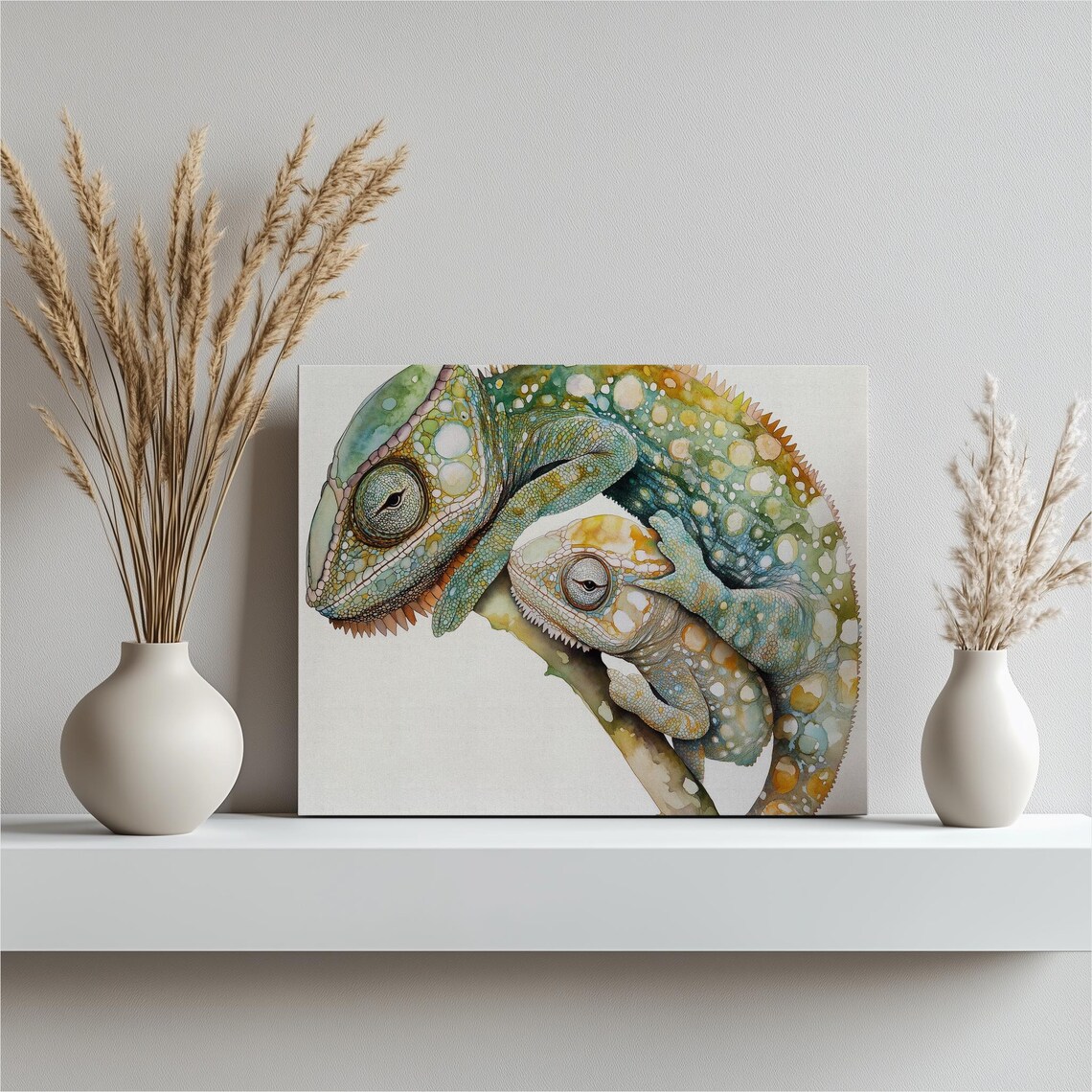 Chameleon Pair Watercolor Tropical Reptile Branch Botanical Art Poster
