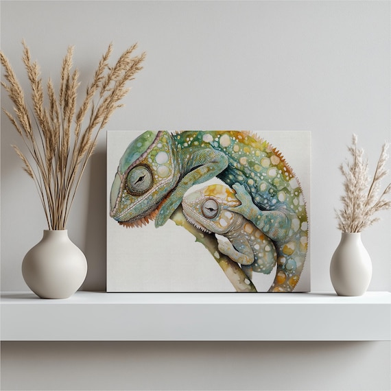 Chameleon Pair Watercolor Tropical Reptile Branch Botanical Art Poster