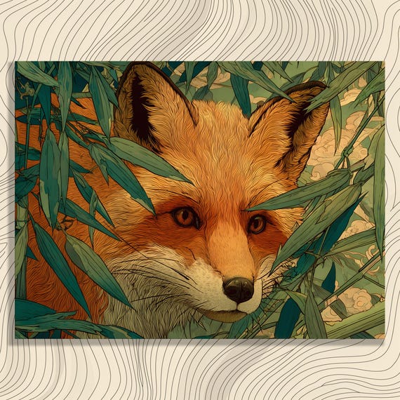 Red Fox Bamboo Canvas Wall Art Wildlife Print Nature Decor Colorful Bohemian Illustration Animal Portrait Leaves Painting Gift