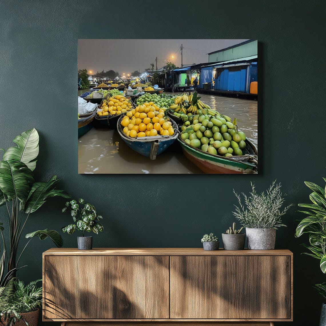 Vietnam Floating Market Fruit Boats Twilight Canvas Art Poster