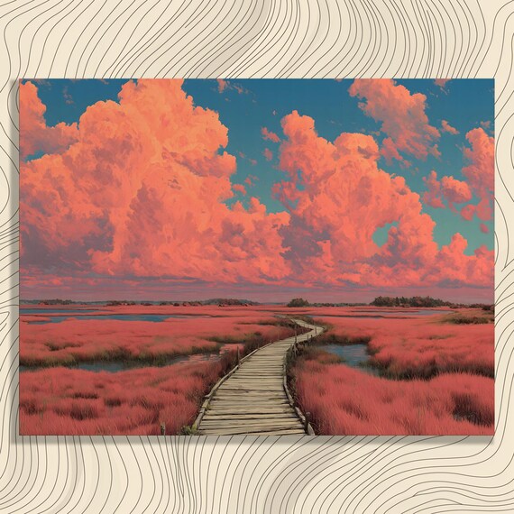 Pink Marshland Boardwalk Dramatic Sunset Clouds Nature Art Poster