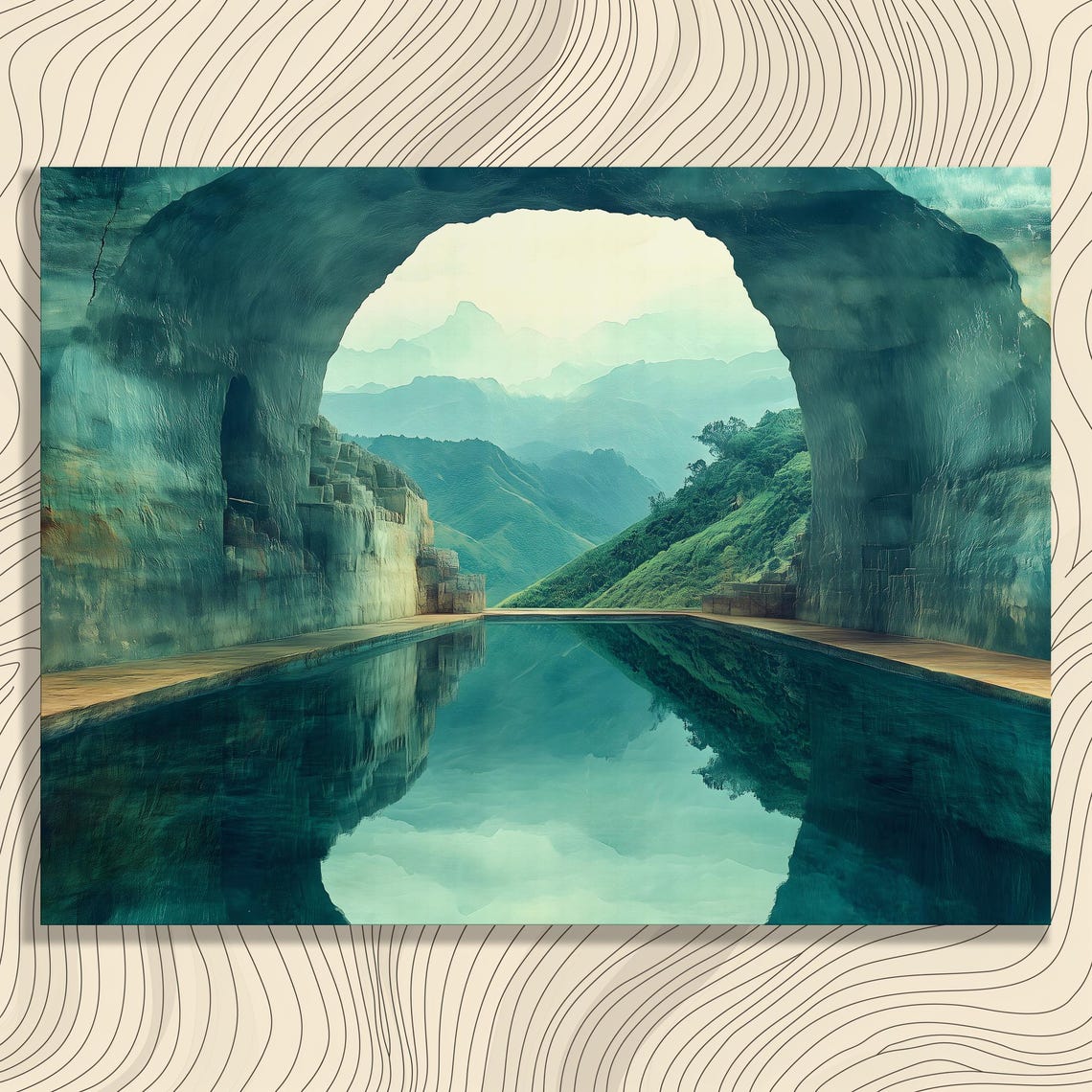 Giant Natural Stone Arch Infinity Pool Misty Mountain Art Poster