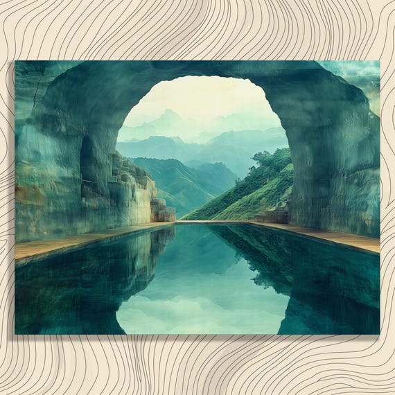 Serene Landscape Canvas Wall Art Archway Reflection Painting Mountains Print Gift Decor Modern Horizon For Travelers