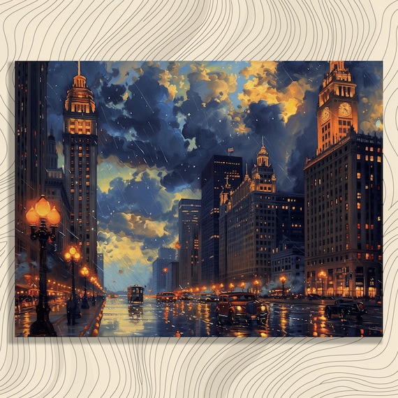 Rainy Night City Street Vintage Clock Tower Skyscrapers Oil Painting Poster