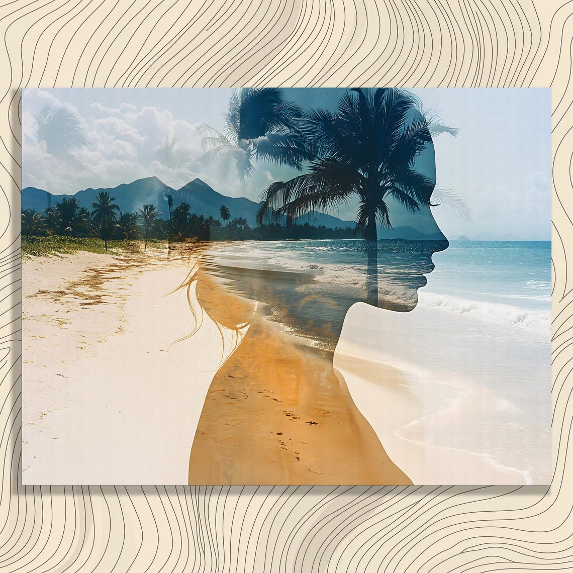 Woman Silhouette Tropical Beach Double Exposure Ocean Poster