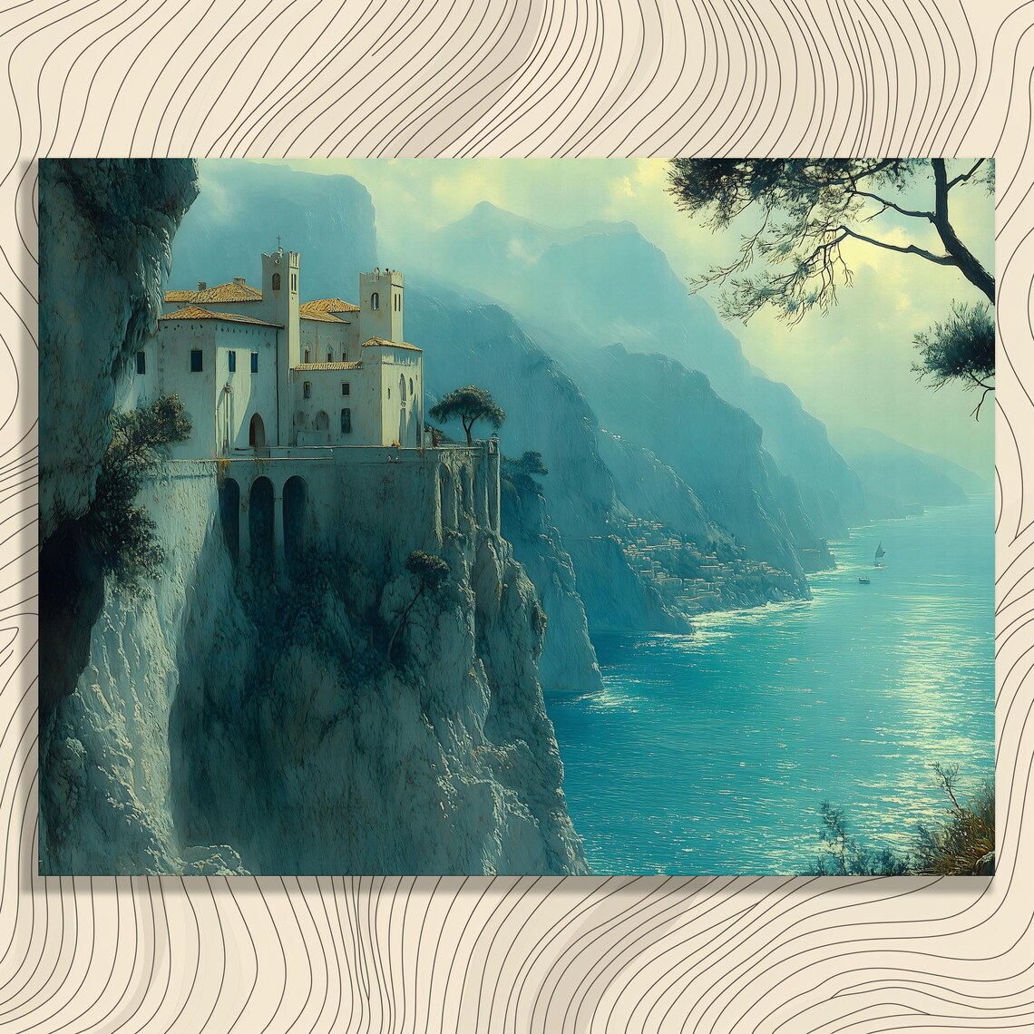 Cliffside Villa Turquoise Seascape Mediterranean Coast Painting Poster