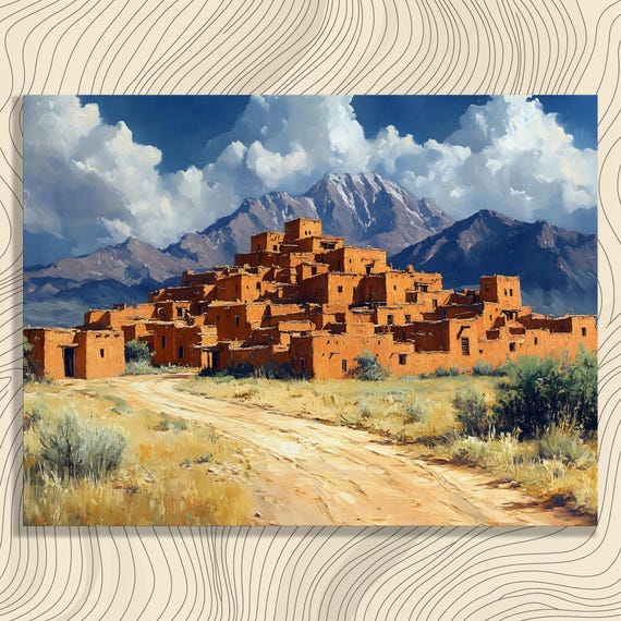 Vibrant Adobe Village Canvas Wall Art Colorful Desert Landscape Mountains Painting Traditional Rustic Primitive Decor Print Gallery