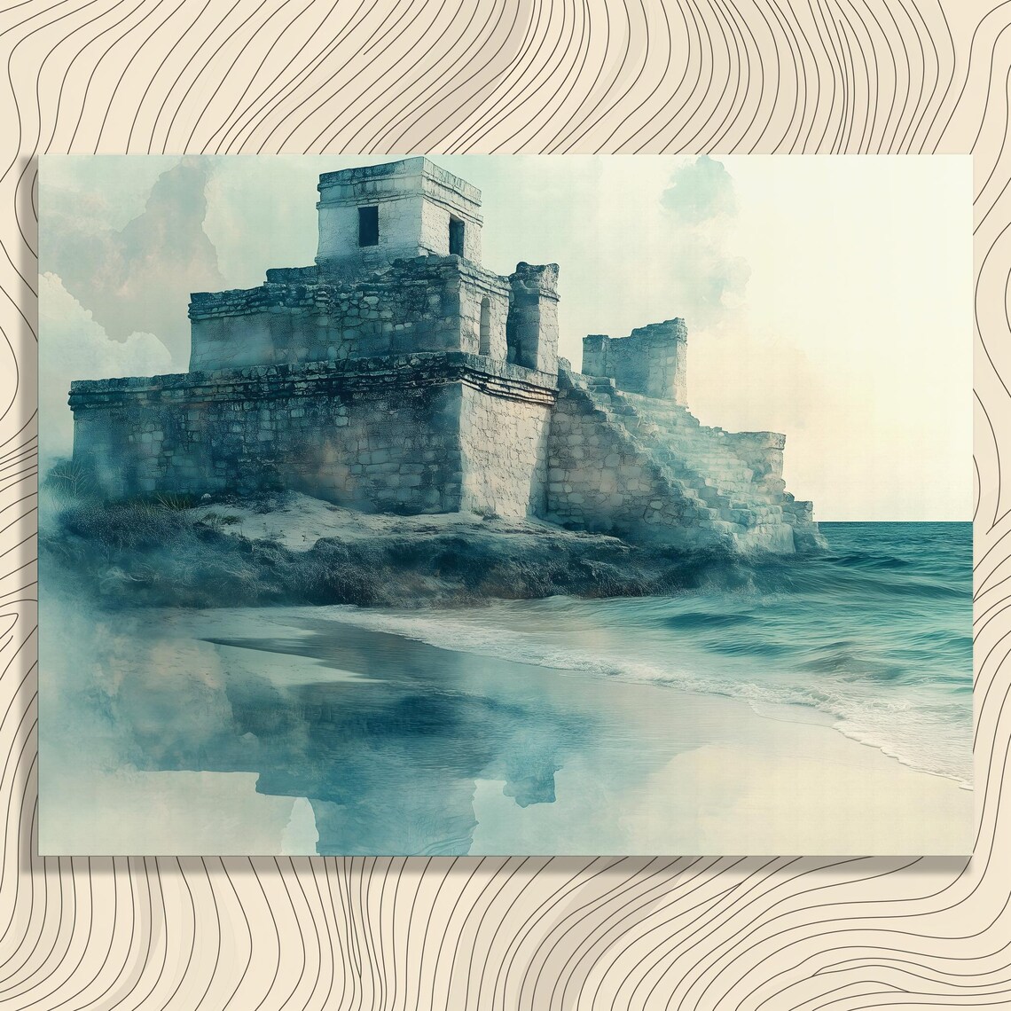Ancient Coastal Temple Ruins Misty Seaside Watercolor Landscape Poster