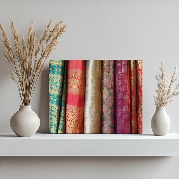 Gold Brocade Silk Fabric Rolls Floral Pattern Textile Canvas Print