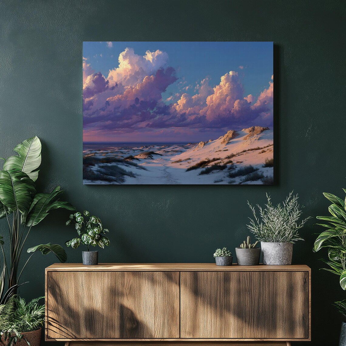 Soft Golden Coastal Sunset Sand Dunes Ocean Sky Clouds Poster