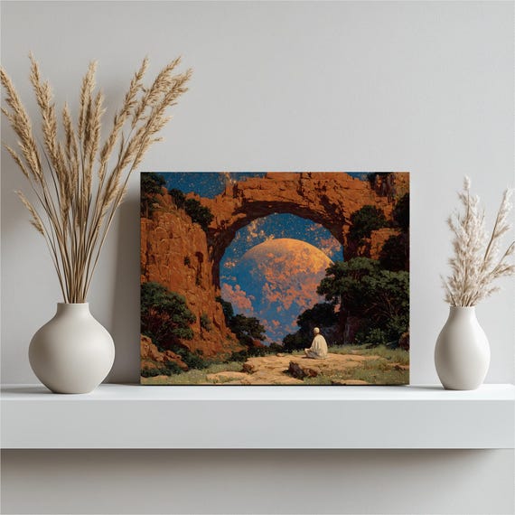 Surreal Cosmic Canvas Wall Art Colorful Starry Sky Natural Arch Desert Canyon Planet Nebula Rocky Landscape Meditation Figure Print