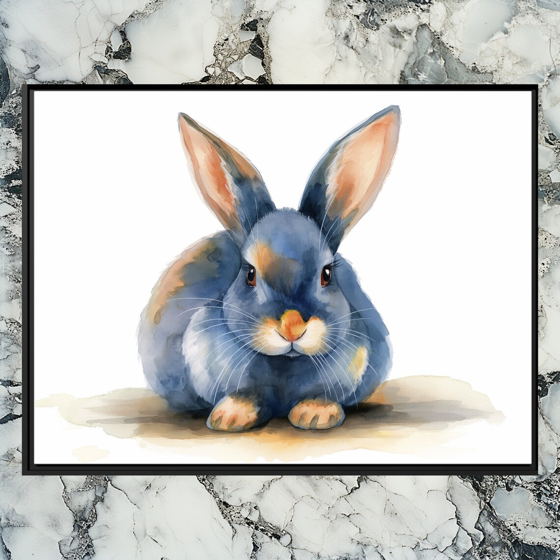 Bunny Rabbit Watercolor Animal Portrait Blue Orange Cute Nursery Poster