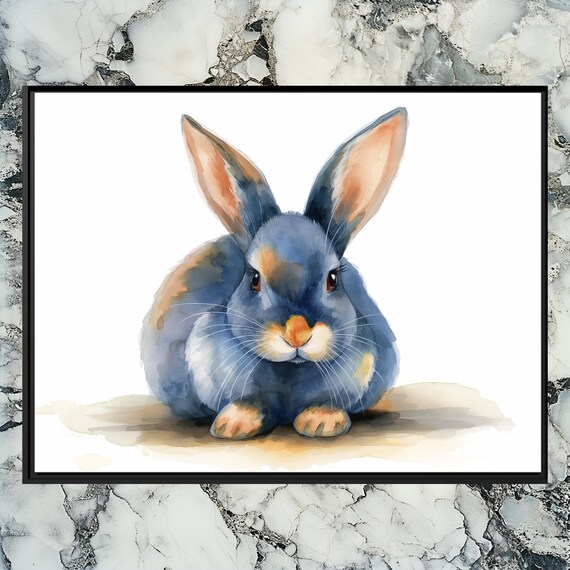 Bunny Rabbit Watercolor Animal Portrait Blue Orange Cute Nursery Poster