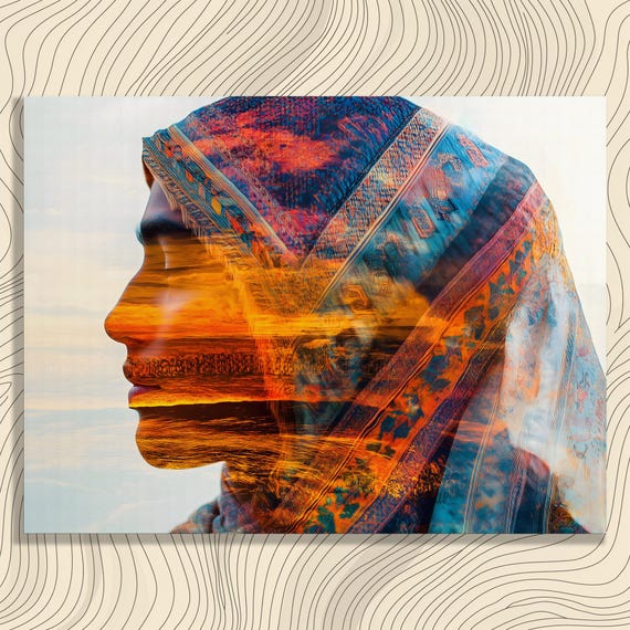 Vibrant Sunset Painting Canvas Wall Art Abstract Print Double Exposure Nature Photography Surreal Silhouette Profile