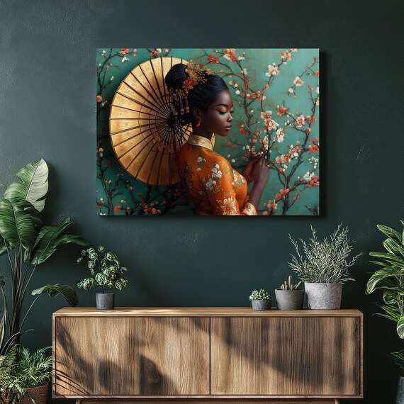 Chinoiserie Woman Cherry Blossom Gold Parasol Elegant Teal Art Poster