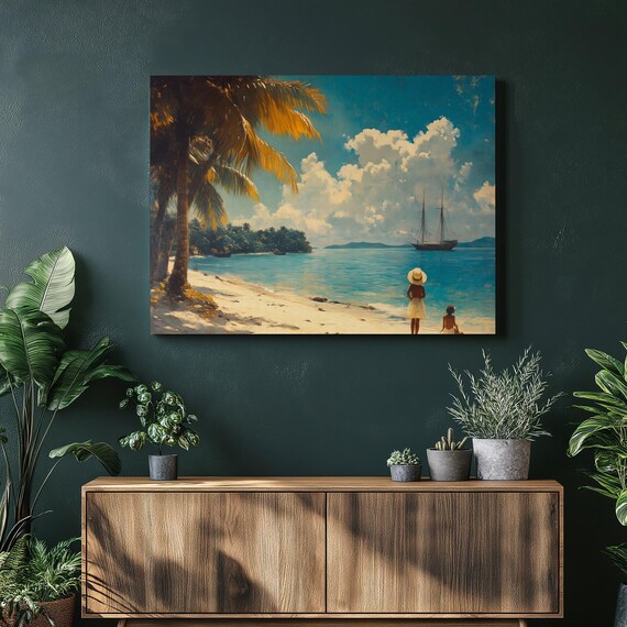 Tropical Beach Sailboat Vintage Coastal Painting Palm Trees Poster