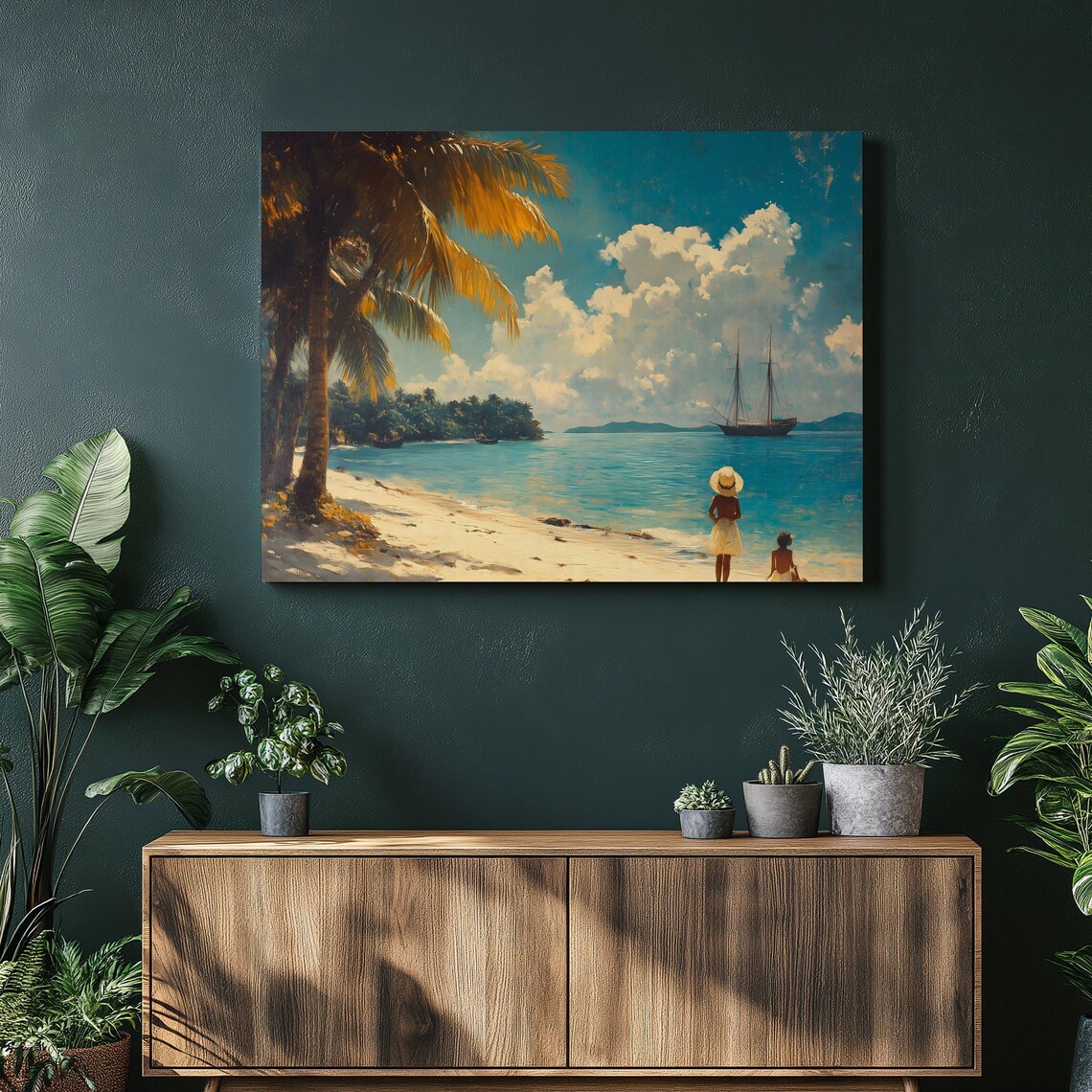 Tropical Beach Sailboat Vintage Coastal Painting Palm Trees Poster