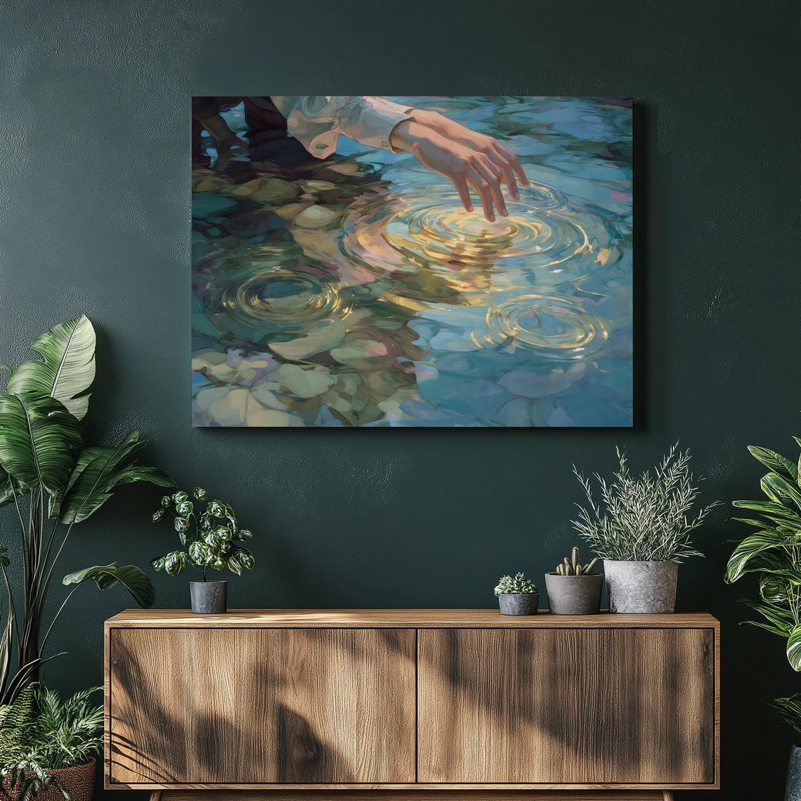 Hand Touching Water Golden Ripples Impressionist Canvas Print