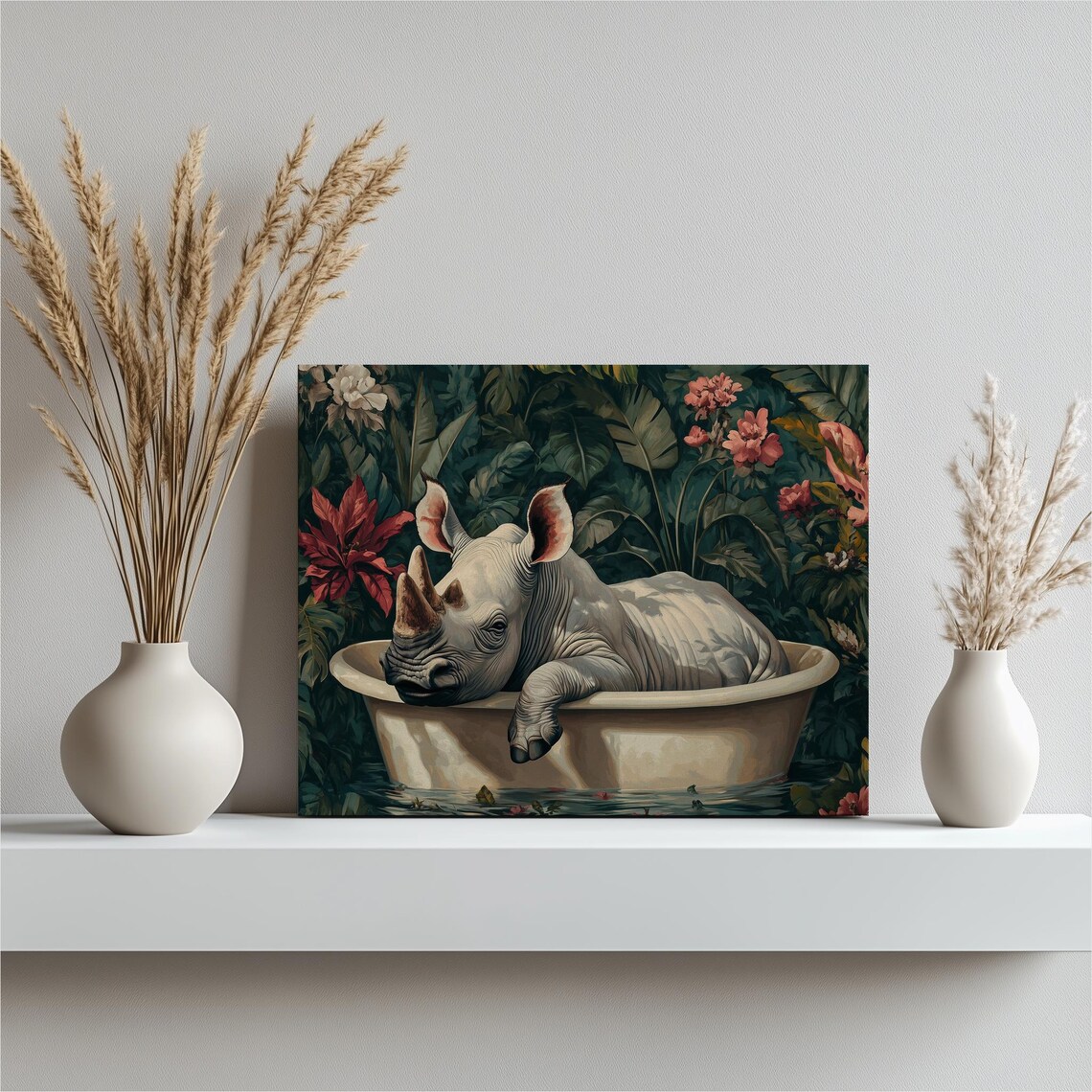 Rhinoceros Resting in Bathtub Tropical Floral Whimsical Art Poster