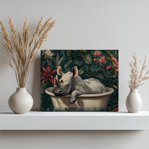 Rhinoceros Canvas Wall Art Vintage Illustration Of In Bathtub With Botanicals Elegant Soft Lighting Rich Colors Unique Home