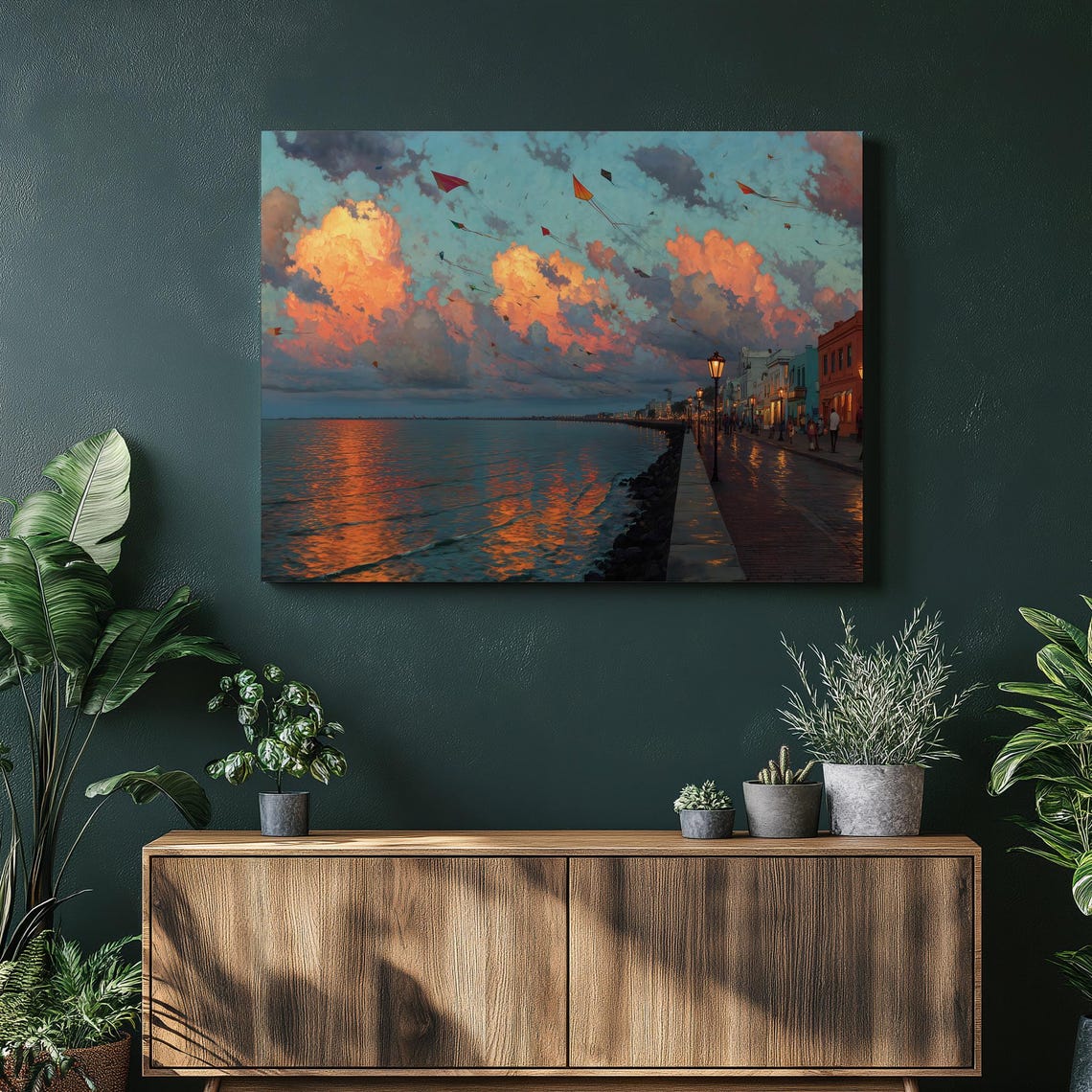 Vibrant Sunset Waterfront Kites Coastal Promenade Cloudscape Poster