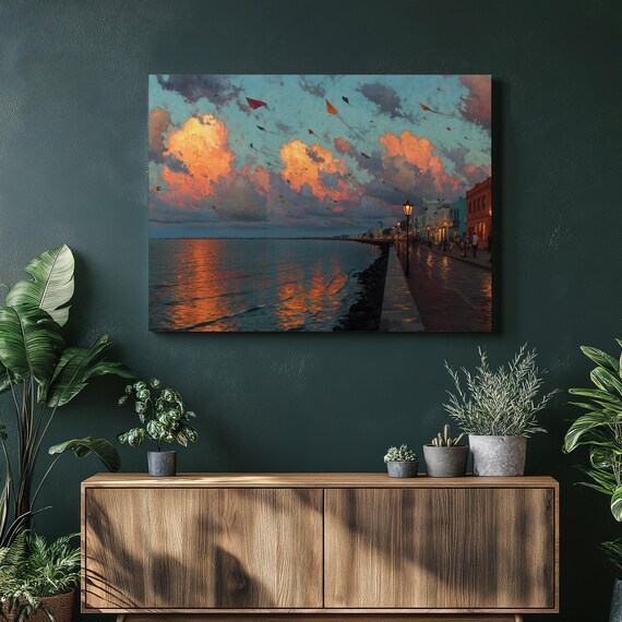 Vibrant Sunset Waterfront Canvas Wall Art Coastal Cityscape Print Colorful Kites Glowing Clouds Seascape Decor Reflections Painting Gift