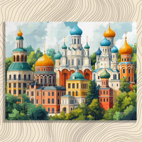 Russian Cathedral Domes Canvas Wall Art Colorful Onion Dome Skyline Illustration With Ornate Towers And Forest Architecture Print