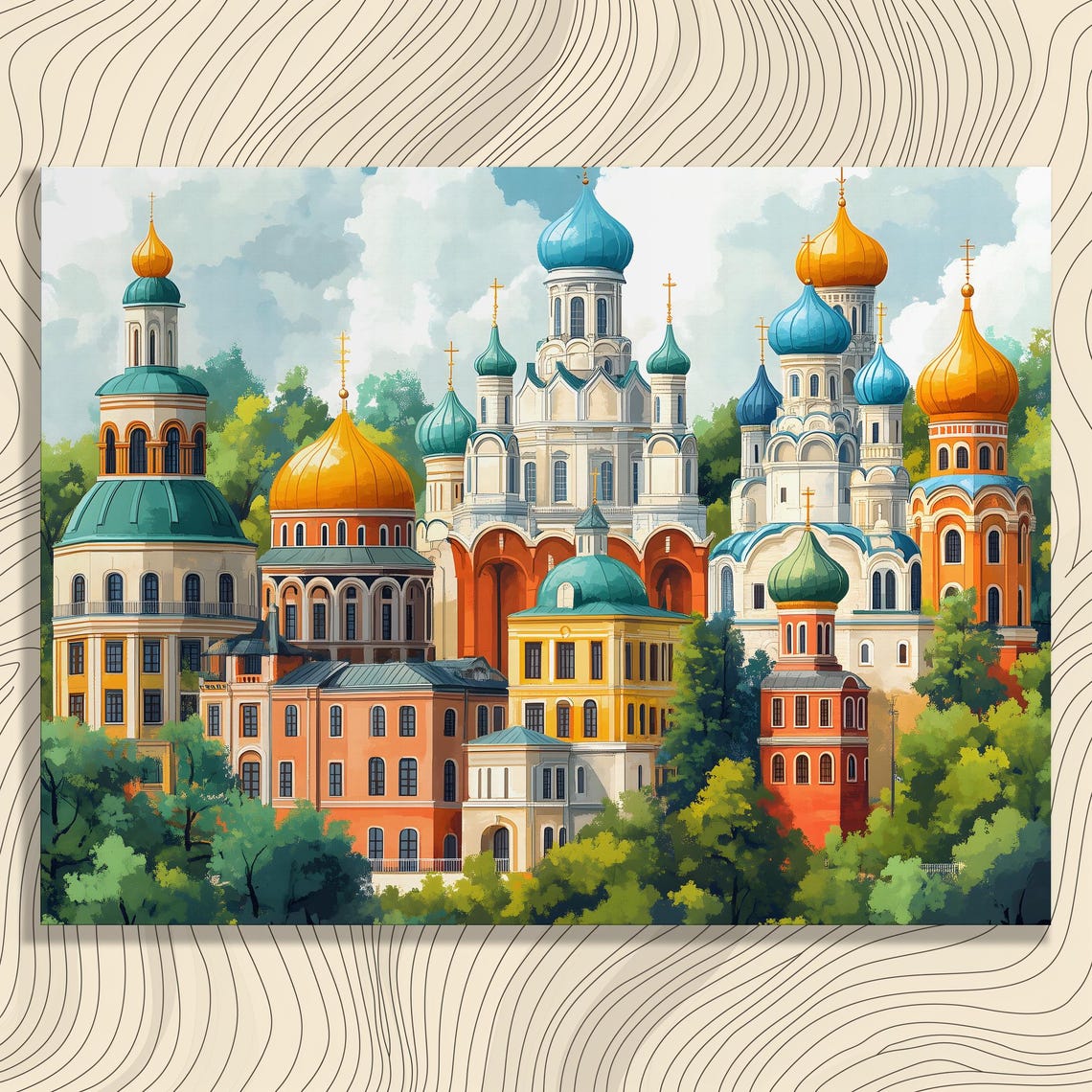 Russian Onion Dome Cathedrals Golden Cupolas Watercolor Skyline Poster
