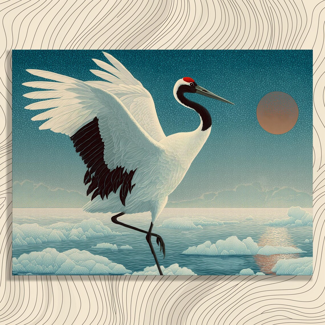 Red Crowned Crane Arctic Sunset Japanese Woodblock Art Print