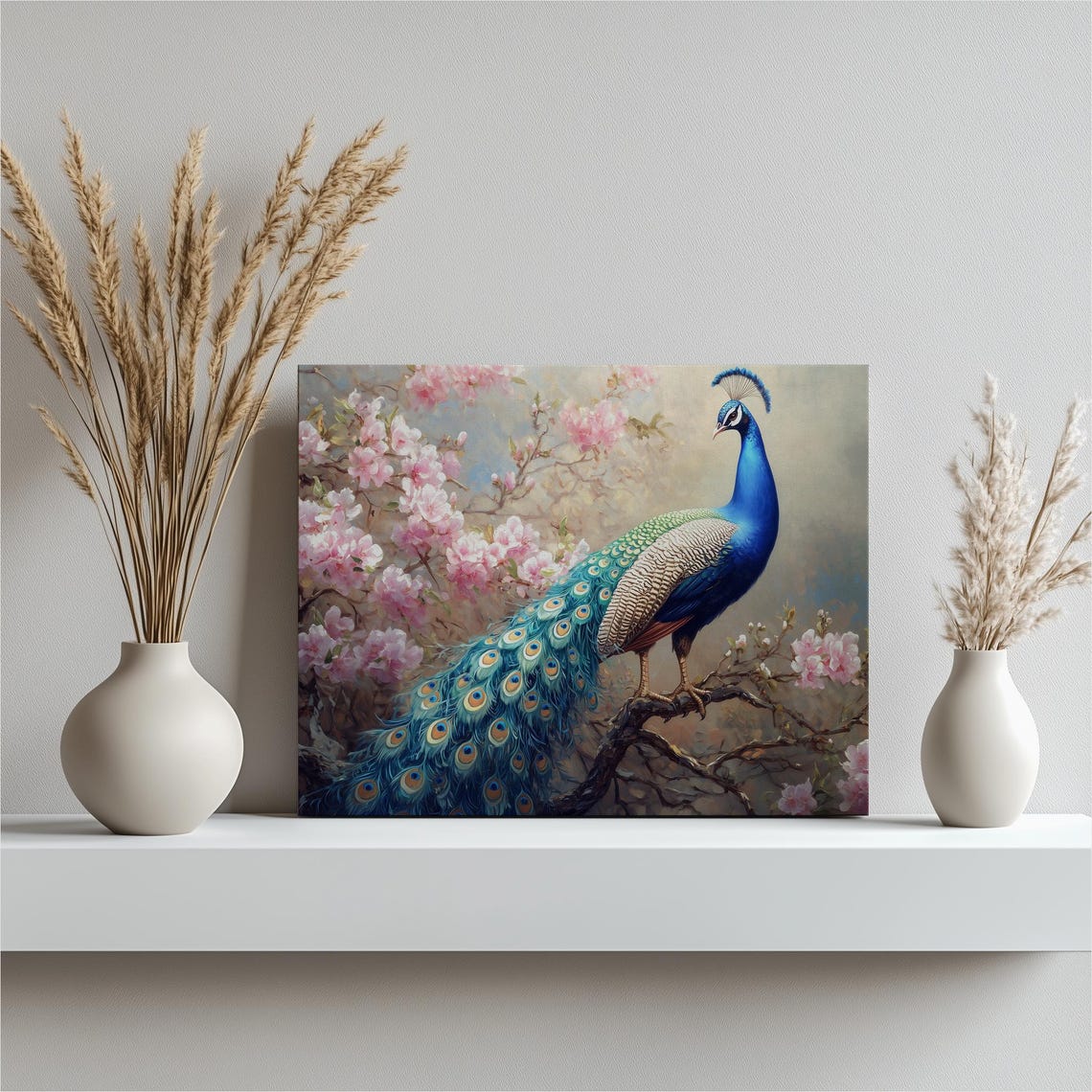 Blue Peacock Perched Among Pink Cherry Blossoms Painting Poster