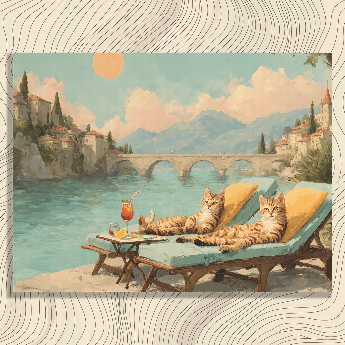 Two Tabby Cats Seaside Lounge Chairs Cocktails Coastal Village Print
