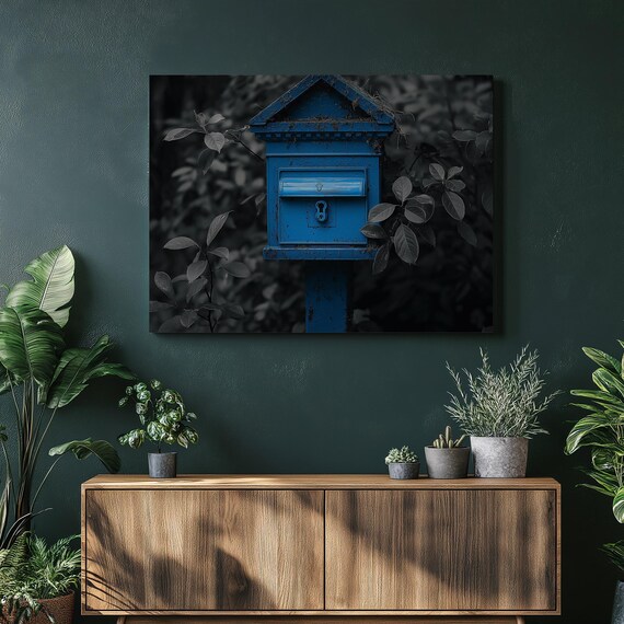 Mailbox Canvas Wall Art Black And White Picture Of A With Blue Color Accent Modern Home Decor Abstract Artwork Unique Gift