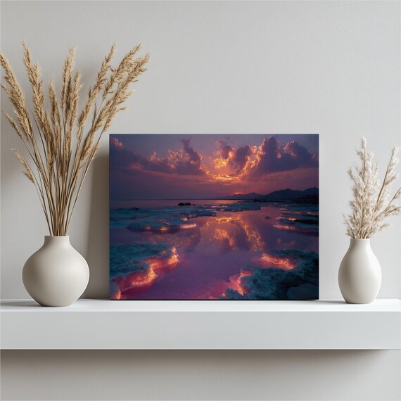 Vivid Pink Sunset Clouds Reflected on Calm Ocean Water Painting Poster