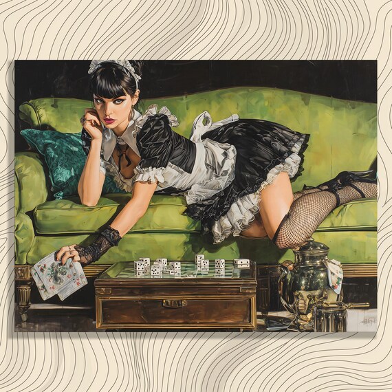 Vintage Maid on Green Couch Dice Cards Retro Pin-Up Classic Poster