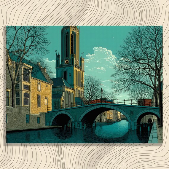 Serene Canal Cityscape Canvas Wall Art Historic Bridge Architecture Print For Urban Decor Travel Gift Blue Beige Waterway Painting