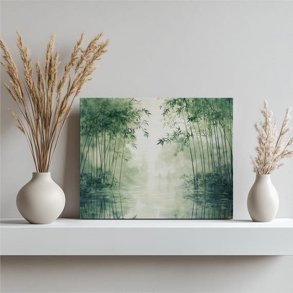 Bamboo Wall Art Forest Landscape Nature Minimalist Water Reflection Modern