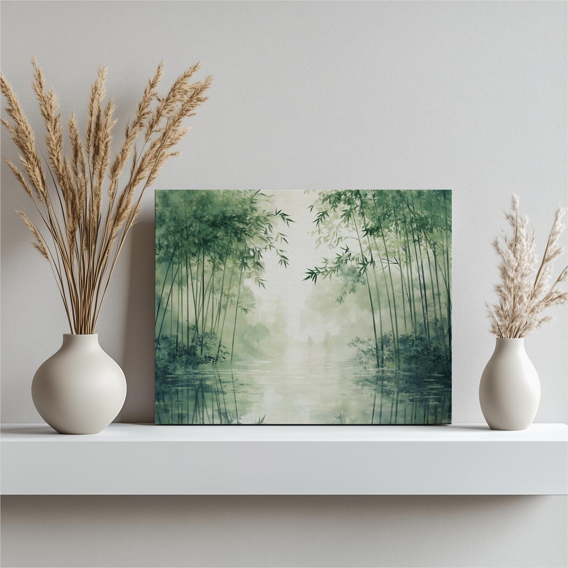 Misty Bamboo Forest Water Reflection Green Nature Art Poster