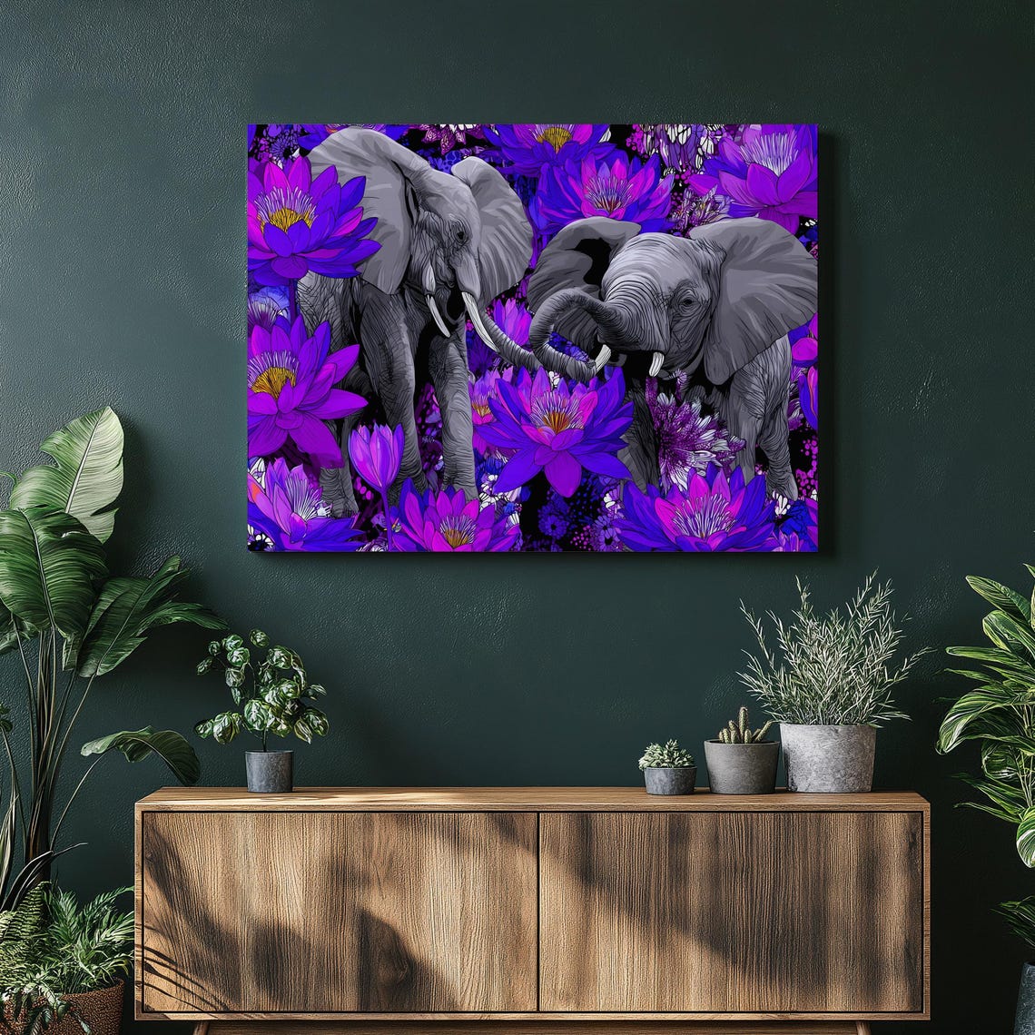 Gray Elephants Walking Among Purple Lotus Flowers Wildlife Art Print