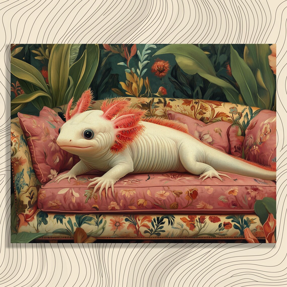 Smiling Pink Axolotl Lounging On Floral Couch Cute Animal Art Poster