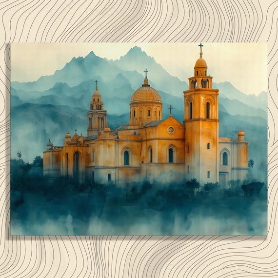 Serene Cathedral Mountains Canvas Wall Art Misty Mountain Scene Landscape Painting Religious Classic Tranquil Nature