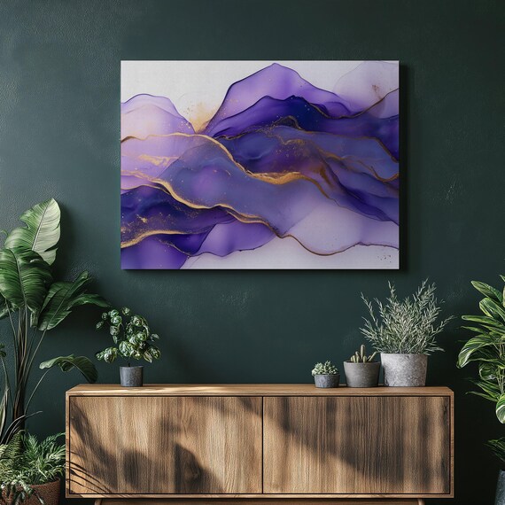 Fluid Abstract Canvas Wall Art Print Purple Gold Wave Painting Modern Home Decor Ready To Hang For Lovers