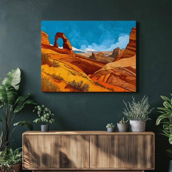 Colorful Desert Arch Canvas Wall Art Blue Sky Canyon Landscape Sandstone Cliffs Boho Decor Illustration Southwest Print