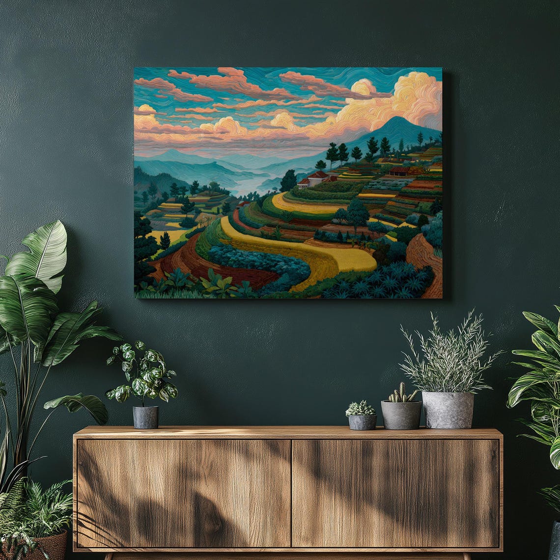 Colorful Terraced Hills Golden Sunrise Mountain Scenic Art Poster