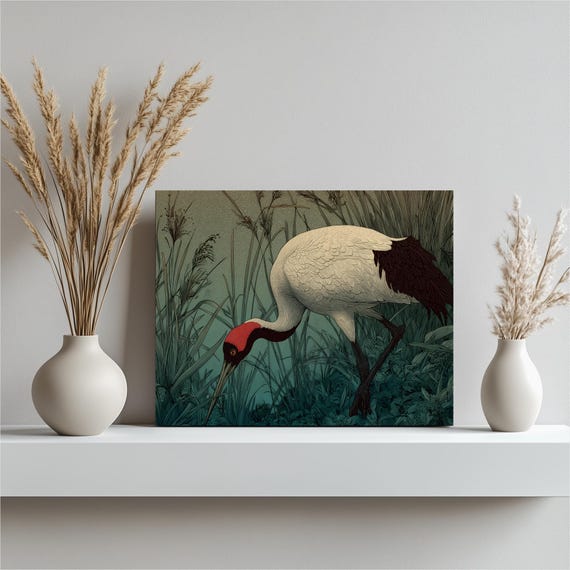 Red Crowned Crane Canvas Wall Art Modern Woodcut Bird Illustration Nature Print Wildlife Marsh Reeds Design Green Beige Tones