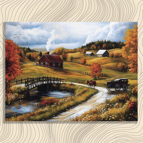 Serene Autumn Countryside Canvas Wall Art Traditional Red Barn Landscape Painting And Horse Buggy Nature Decor Print