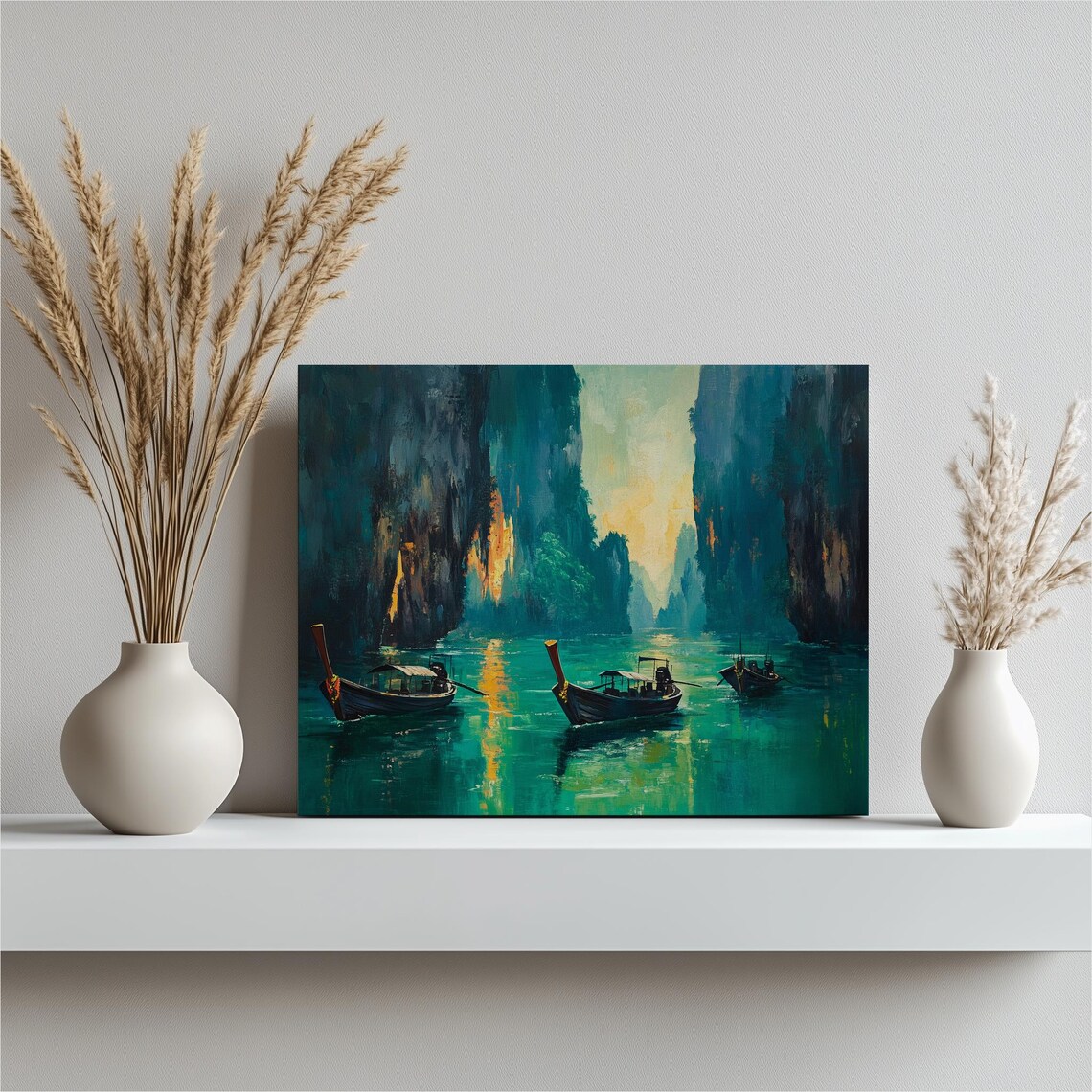 Emerald Lagoon Longtail Boats Tropical Canyon Painting Poster