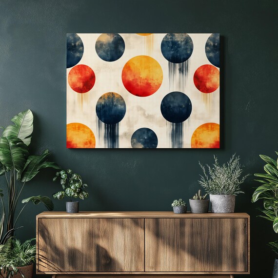 Geometric Circles Canvas Wall Art Modern Boho Dot Pattern With Paint Drips In Warm Red Orange And Navy Large Abstract Print Decor