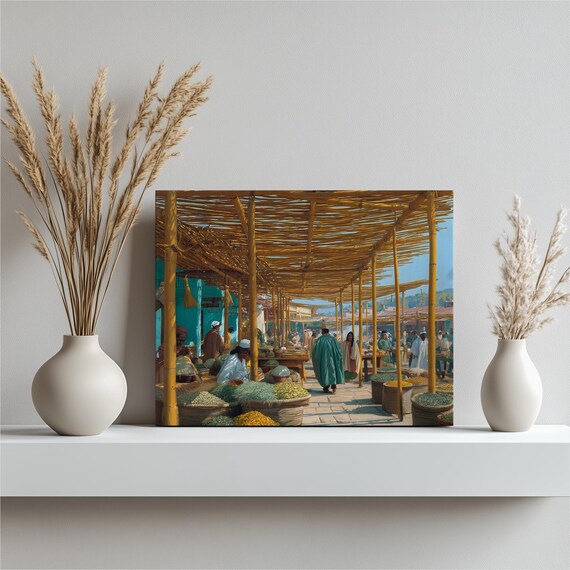 Middle Eastern Spice Market Bamboo Canopy Vendors Colorful Painting Poster